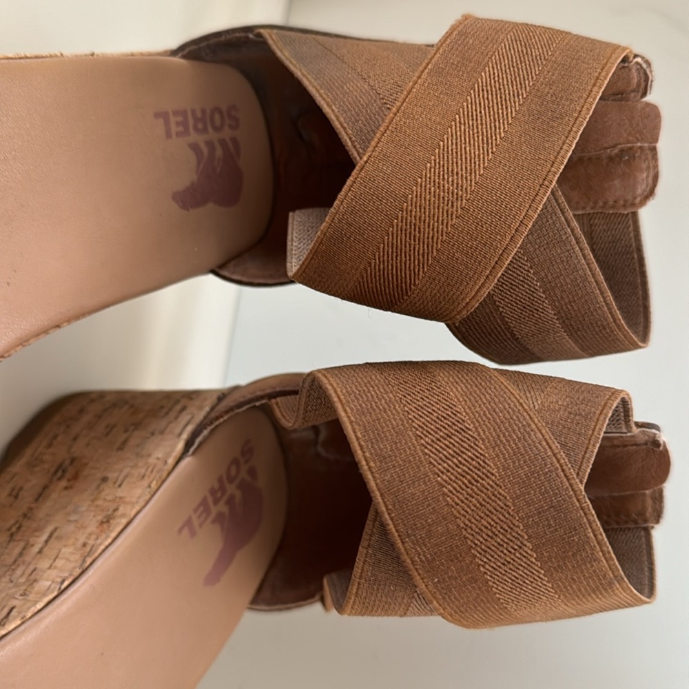 Sorel Cameron Platform Leather Wedge Ankle Strap Tan Sandals size 10 - Picture 5 of 7